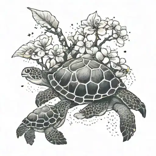 A Japanese Cherry Blossom Tree With Sea Turtles Crawling Up Its Branches