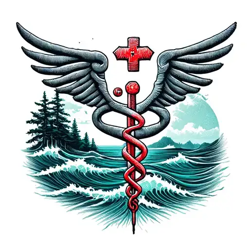 A Dotwork Tattoo Of A Nurse Symbol Surrounded By A Lush Forest And Ocean Waves