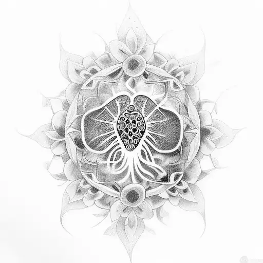 A Dotwork Tattoo Of A Kombi Van Adorned With Vibrant Flowers And A Water Jellyfish