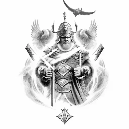 Strong Odin Styled Like A Wizard With 2 Ravens Flying Overhead With Thunder