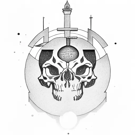A Greek Temple Floating In Space With A Skull At Its Entrance