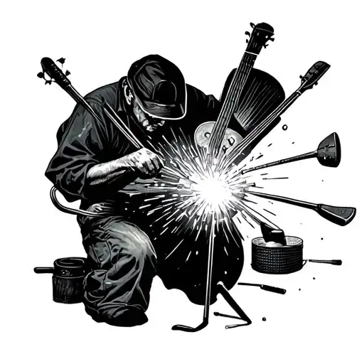 A Surreal Scene Of A Welder Shaping Metal Into Musical Instruments And Golf Clubs