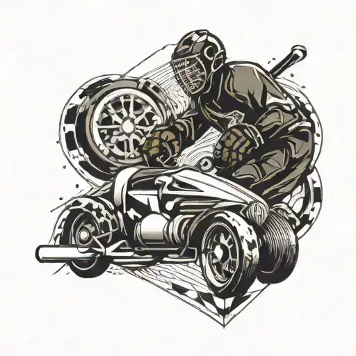 An Abstract Design Combining Elements Of Ice Hockey Gear And Vintage Cars In A Geometric Pattern