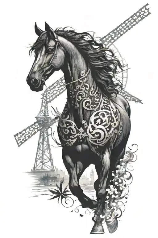 Menorquian Black Horse With Windmill Surrounded
