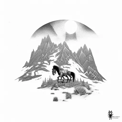 Mountain Landscape With Skeleton Horse And Cowboy