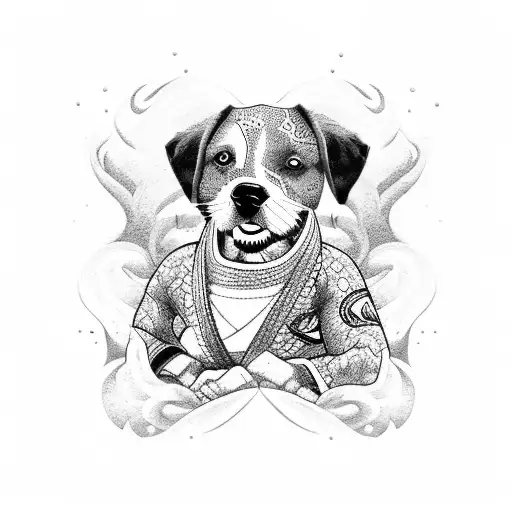 A Dotwork Tattoo Of A Dog Playing Jiu Jitsu On The Beach