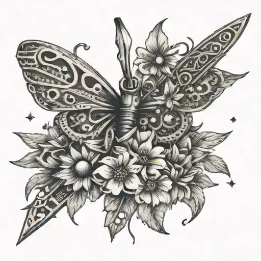 A Butterfly Knife Morphing Into A Bouquet Of Flowers With Stars And Moons In The Background