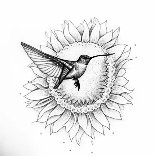 A Dotwork Tattoo Of A Delicate Hummingbird Perched On A Vibrant Sunflower