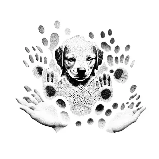 A Dotwork Tattoo Of A Beatles Album Cover Merged With A Dog Paw Print