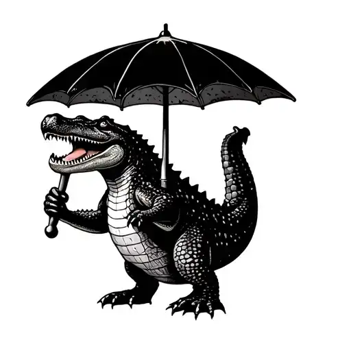 Crocodile Standing With An Umbrella In The Hand