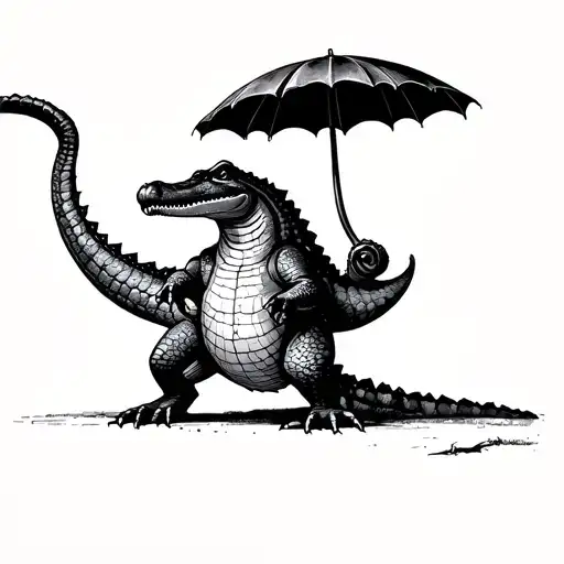 Crocodile Standing With An Umbrella In The Hand