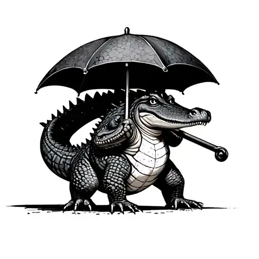 Crocodile Standing With An Umbrella In The Hand
