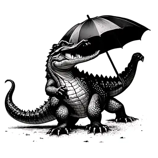 Crocodile Standing With An Umbrella In The Hand