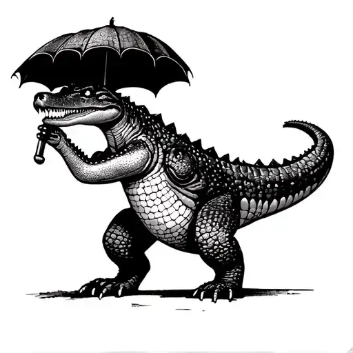 Crocodile Standing With An Umbrella In The Hand