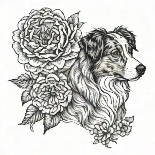 Australian Shepherd And Peony Fine Line