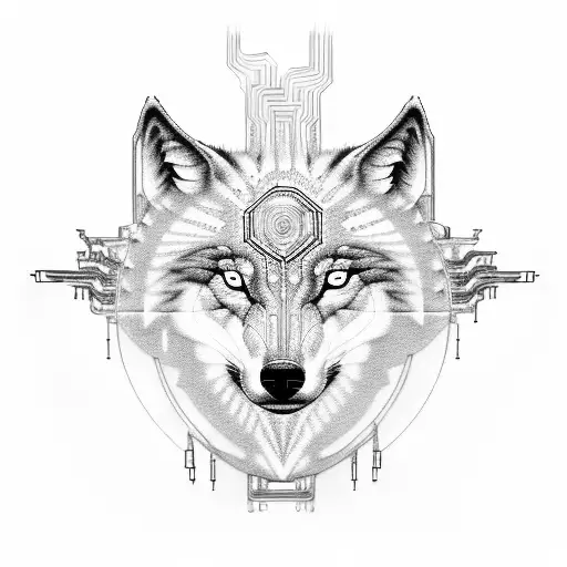 An Angelic Depiction Of A Wolf Surrounded By Electrical Circuitry In Dotwork Style