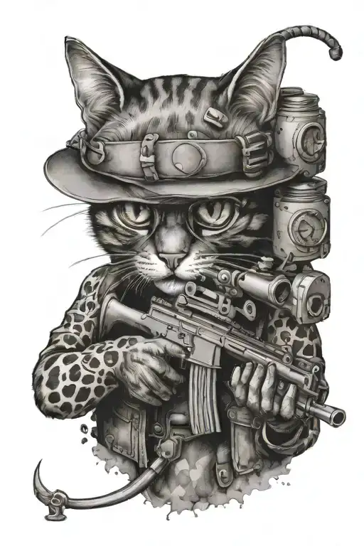 A Realistic Standing Cat With A Machine Gun Protecting His Pot