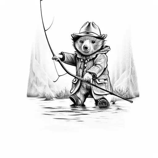 Paddington Bear Fishing In The Lake On Boat Black And Grey Sketch