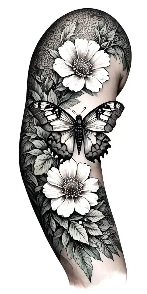 Floral Sleeve With Moth And Dotwork
