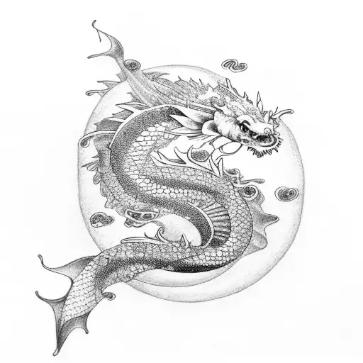 Koi Fish Transforming Into A Dragon In Dotwork Style