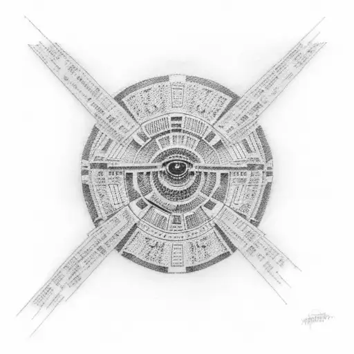 A Dotwork Tattoo Of The Millennium Falcon Flying Through A Galaxy With A Small Dog Sitting On Top