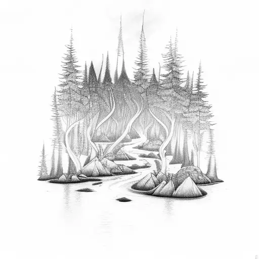 A Forest Scene With A River Flowing Through It