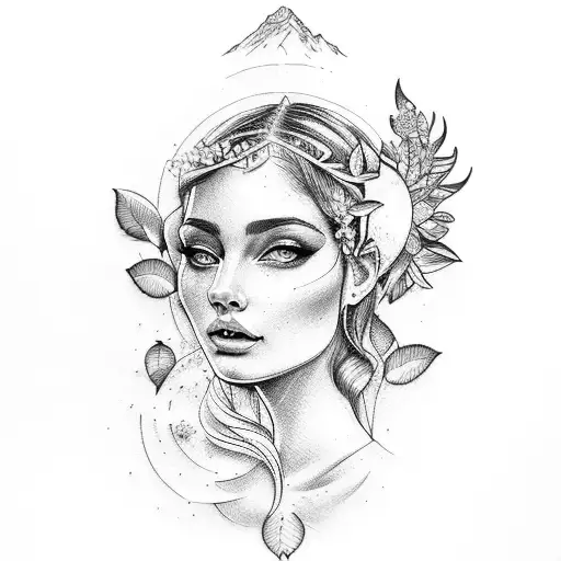Create A Tattoo Of The Goddess Aphrodite Surrounded By A Beautiful Nature Scene