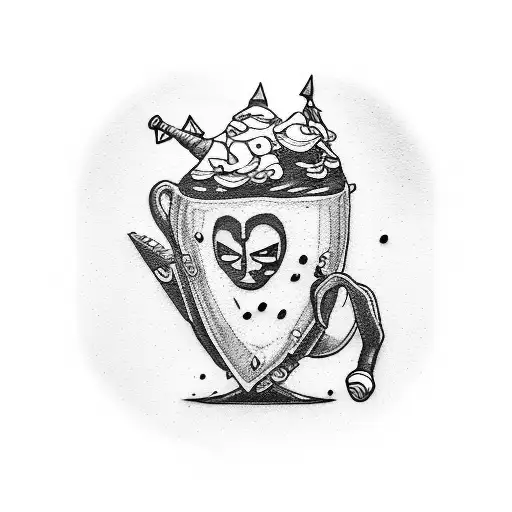 A Cartoon Coffee Mug With Punk Rock Band Stickers