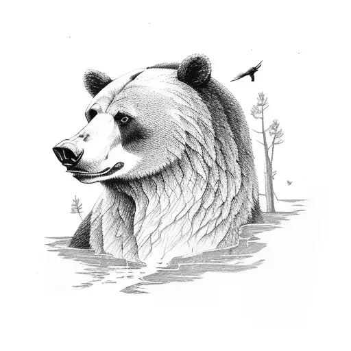 A Bear In A Brook With A Horse In The Forest And Two Eagles Flying Above Them