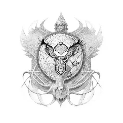 A Dotwork Tattoo Of A Shield Adorned With Animal Symbols