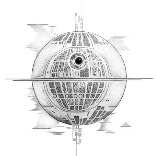 A Dotwork Tattoo Of The Death Star With Rebel And Empire Symbols Incorporated Into The Design