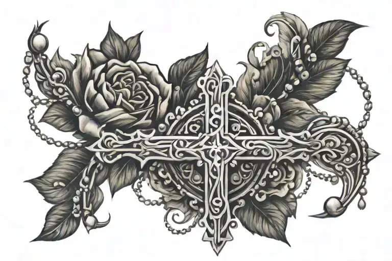 Rosary Going Around Forearm Tattoo Design Incorporating Elements