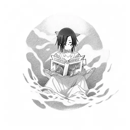 A Tattoo Of An Anime Character Reading A Manga In A Serene Beach Setting