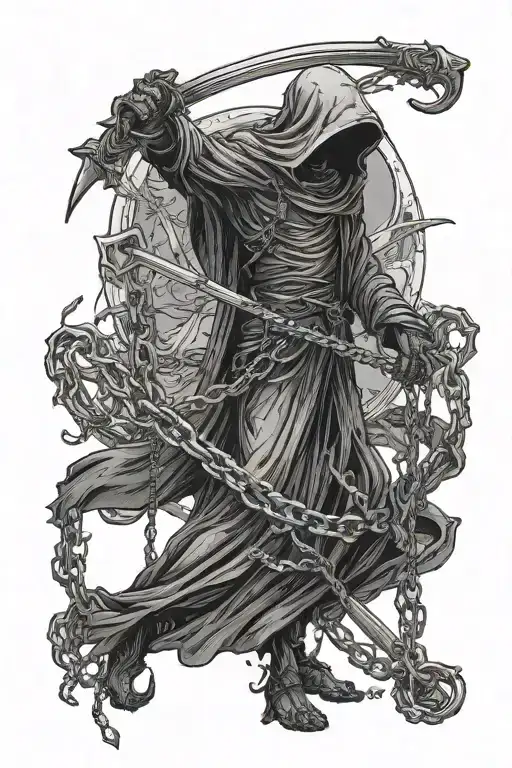 Full Body Grim Reaper Wrapped In Chains Duel Wielding Scythes
