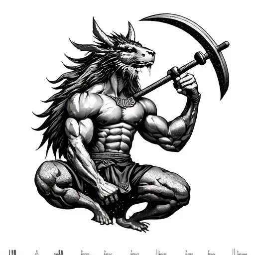 A Dotwork Tattoo Of A Mythical Creature Resembling A Sagittarius Warrior Training In A Gym Setting