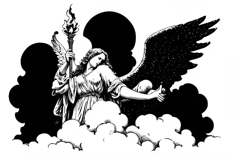 Angel Holding A Torch Surrounded With Clouds
