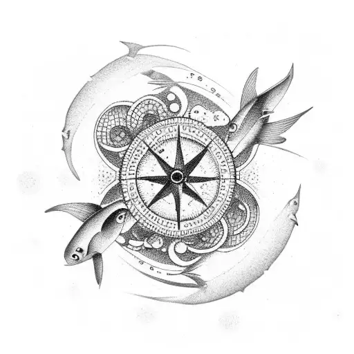 School Of Fish Swimming Around A Compass