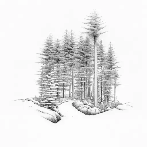 A Detailed Pine Tree Forest With A Winding Hiking Trail Leading Through It