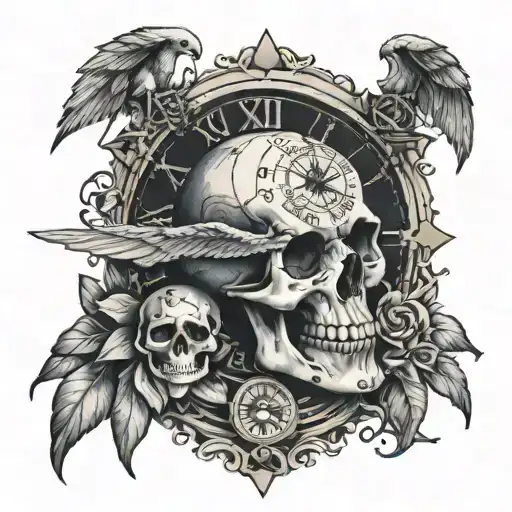 Skull With Clock Compass Angel