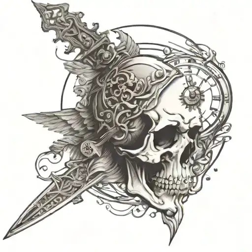 Skull With Clock Compass Angel Holding Sword