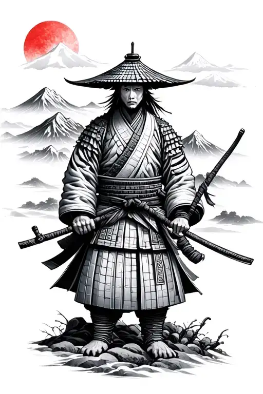 Japanese Mountain Landscape With Samurai And In Junji Ito Style