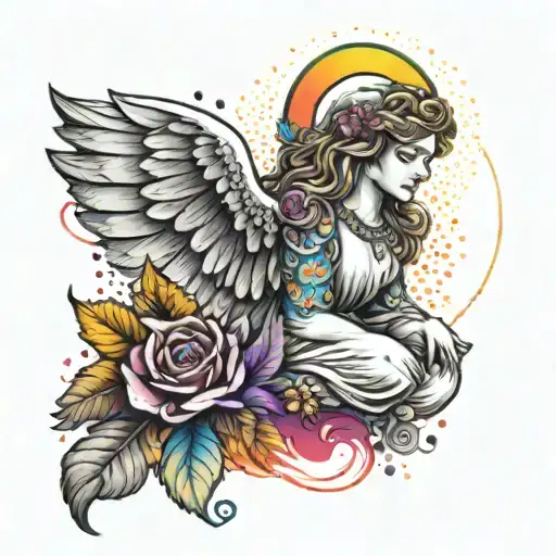 Create A Tattoo Of A Serene Angel Surrounded By A Rainbow Of Colors Representing Color Therapy
