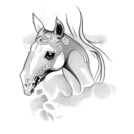 Tattoo Stencil Art Of A Skeletal Horse With Fire Coming Out Of Its Nose