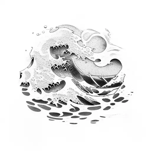 A Dotwork Tattoo Of A Volleyball And Waves Crashing On A Beach