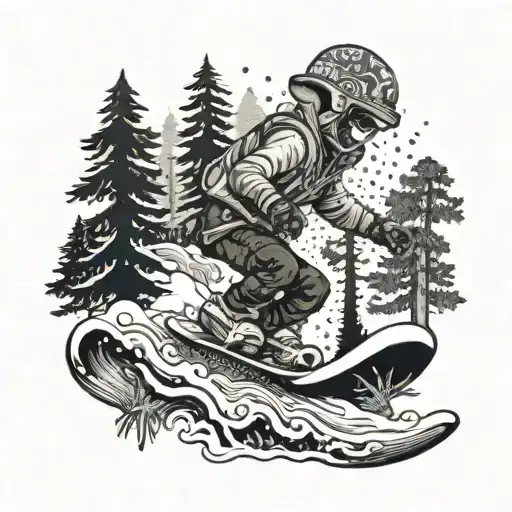 A Snowboarder Carving Through A Forest Filled With Psychedelic Mushrooms