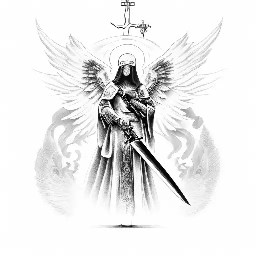 Angel With Sword And Orthodox Cross With Face