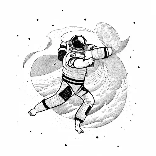 An Astronaut Practicing Jiu Jitsu On A Beach With Waves Crashing In The Background