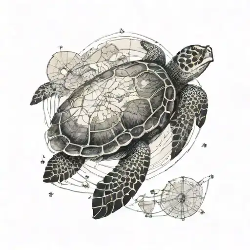 A Sea Turtle With A Map Of The World And A Small Boat Drawn In Its Shell