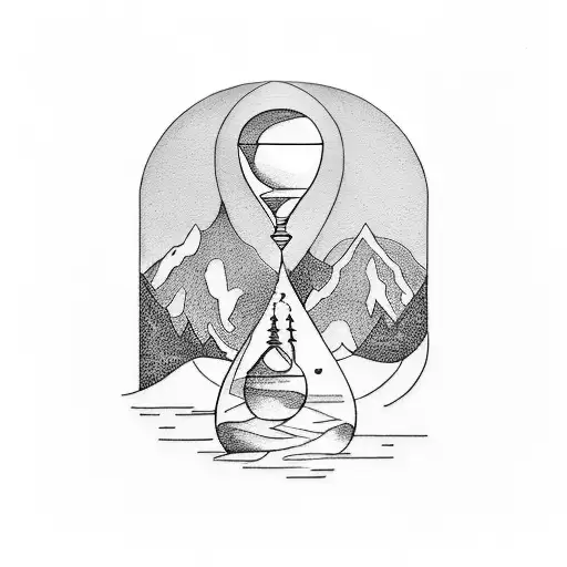 A Minimalist Tattoo Of An Hourglass With A Mountain Range Inside