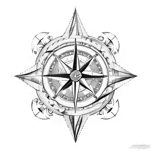 A Compass Rose With Nautical Elements Like Waves And Seashells